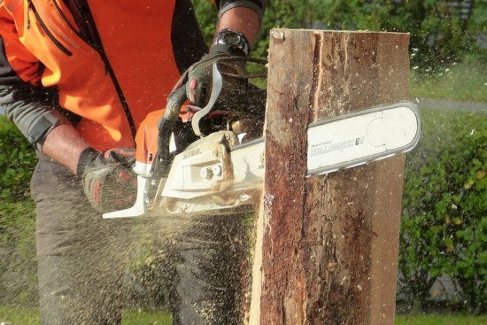 A man sawing a wood with a gas-chainsaw