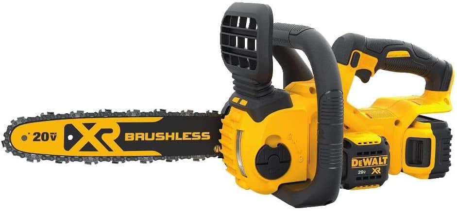 DEWALT 20V MAX XR Chainsaw Kit, 5-Ah Battery, 12-Inch on a white backgroung